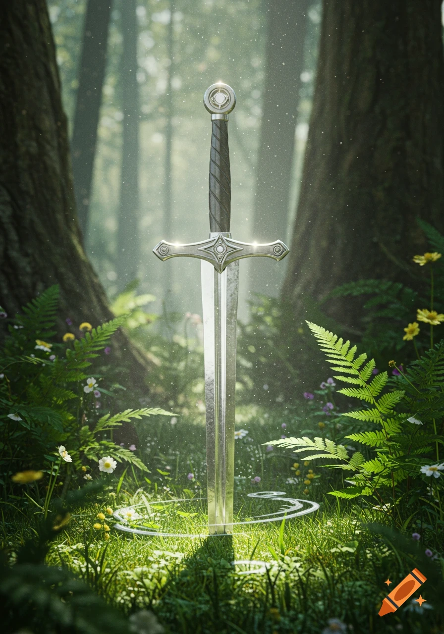 A majestic silver sword stands upright in a lush, sun-dappled magical forest, surrounded by wildflowers and ferns.