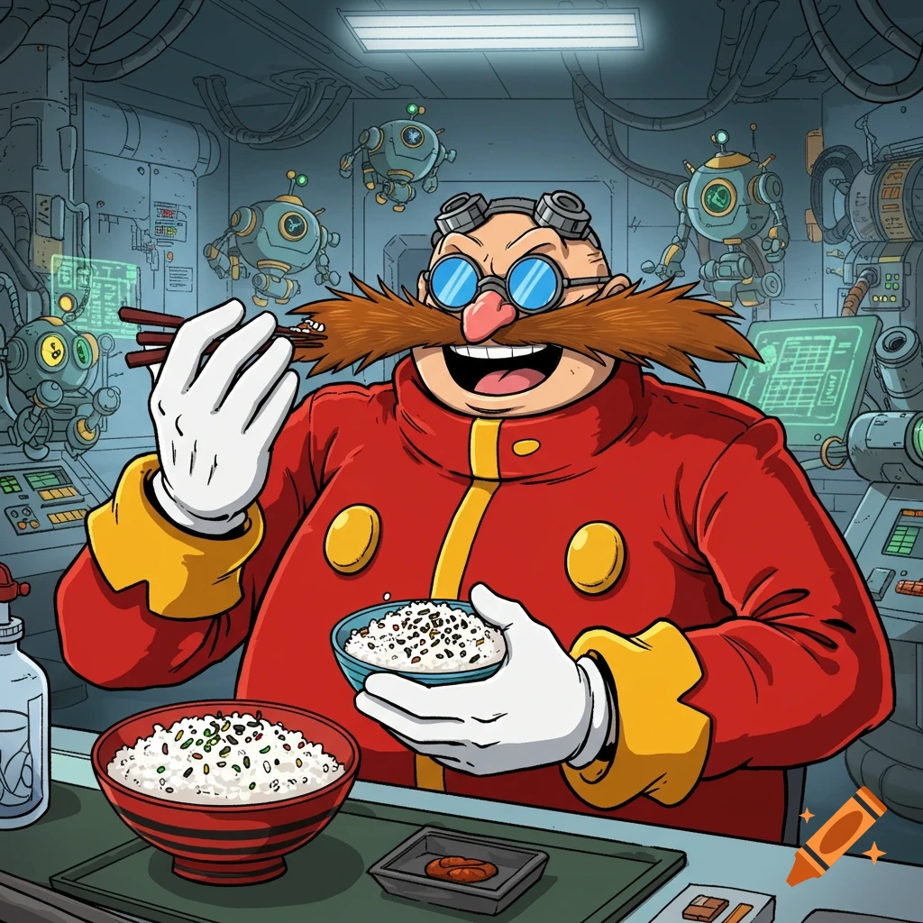 Dr. Eggman in his lab, happily eating a bowl of rice with chopsticks, surrounded by small robots in a cartoon style.