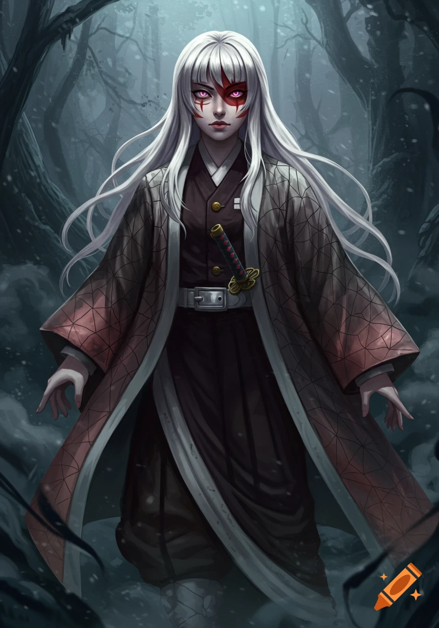 Anime-style fantasy character with long white hair, red face markings, red eyes, and a patterned kimono, holding a katana in a dark, snowy forest.
