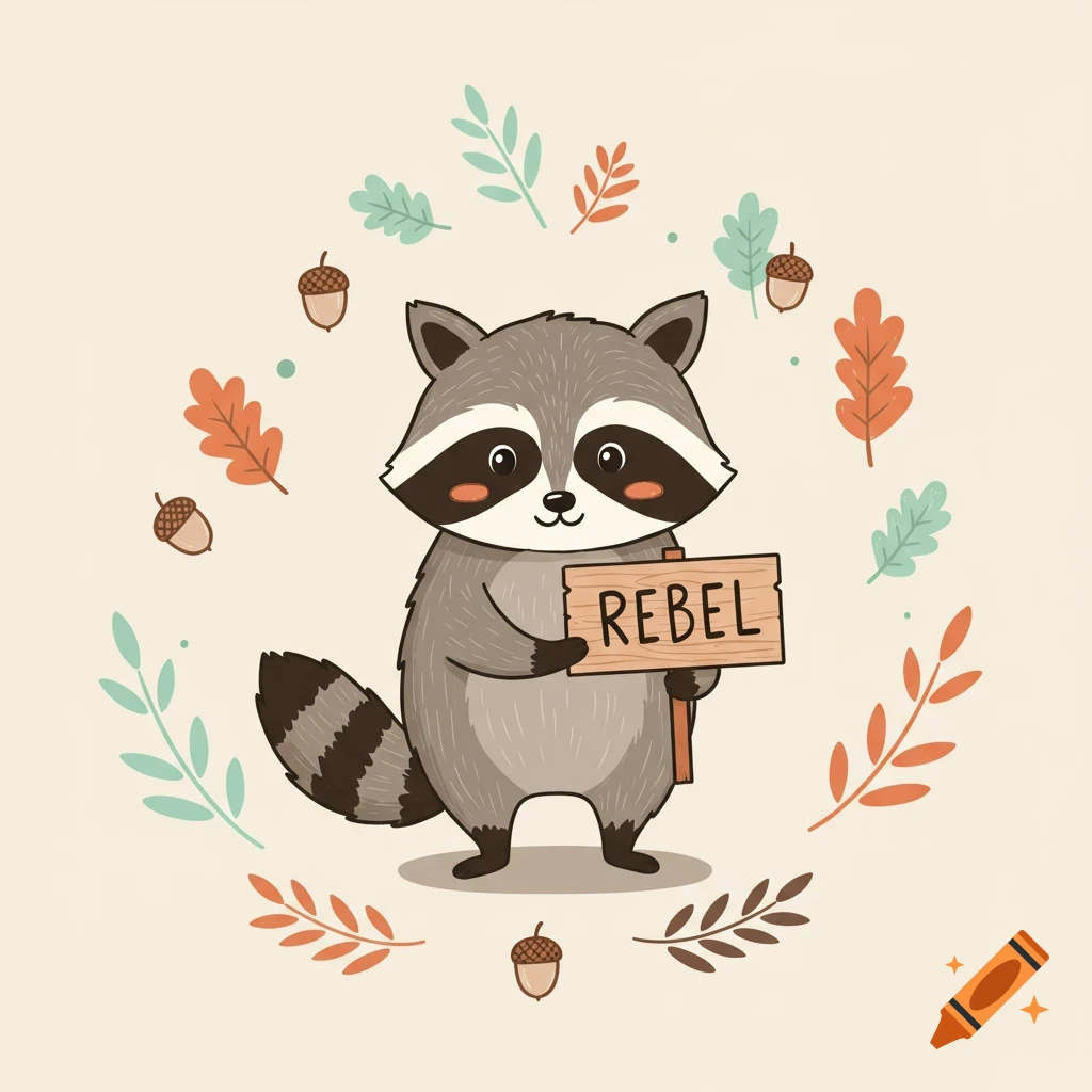 Cute cartoon raccoon holding a 'REBEL' sign, surrounded by autumn leaves and acorns on a cream background.