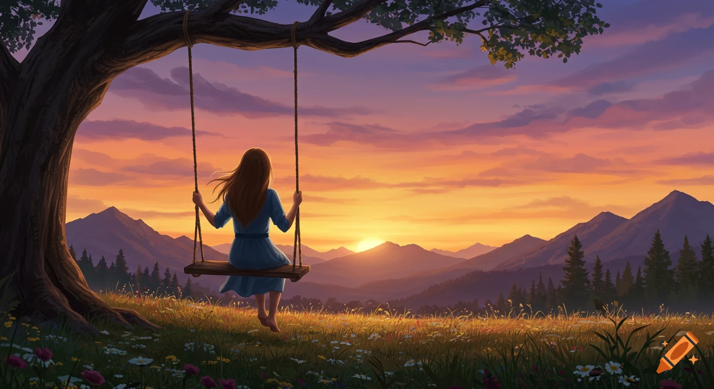 A young girl on a swing under a tree watches a vibrant orange and purple sunset over mountains and a wildflower field, digital painting.