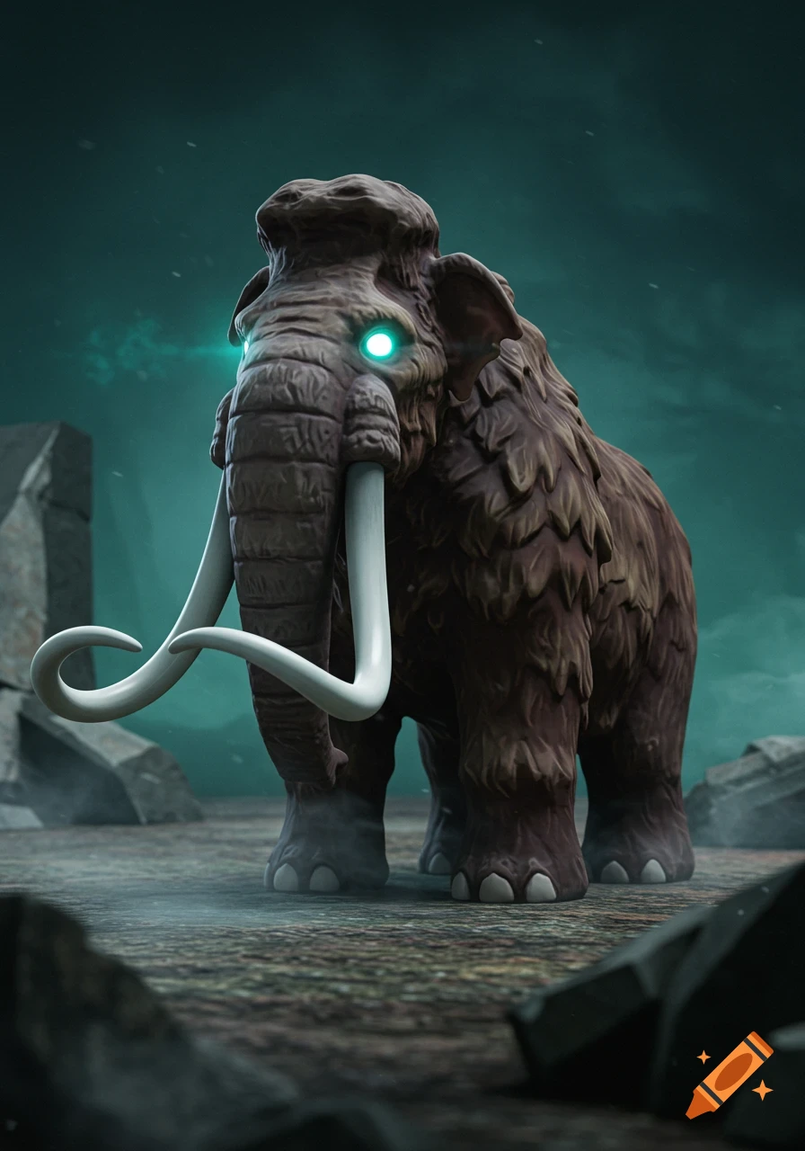 A stylized 3D brown mammoth with glowing teal eyes and white tusks stands on a misty, rocky ground under a dark sky.