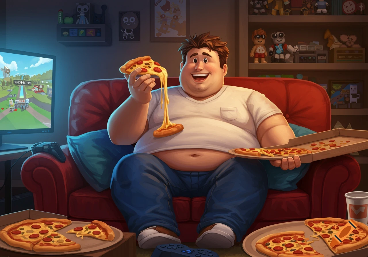 Cartoon overweight man happily eats pizza while playing video games on a TV screen in a cozy living room.