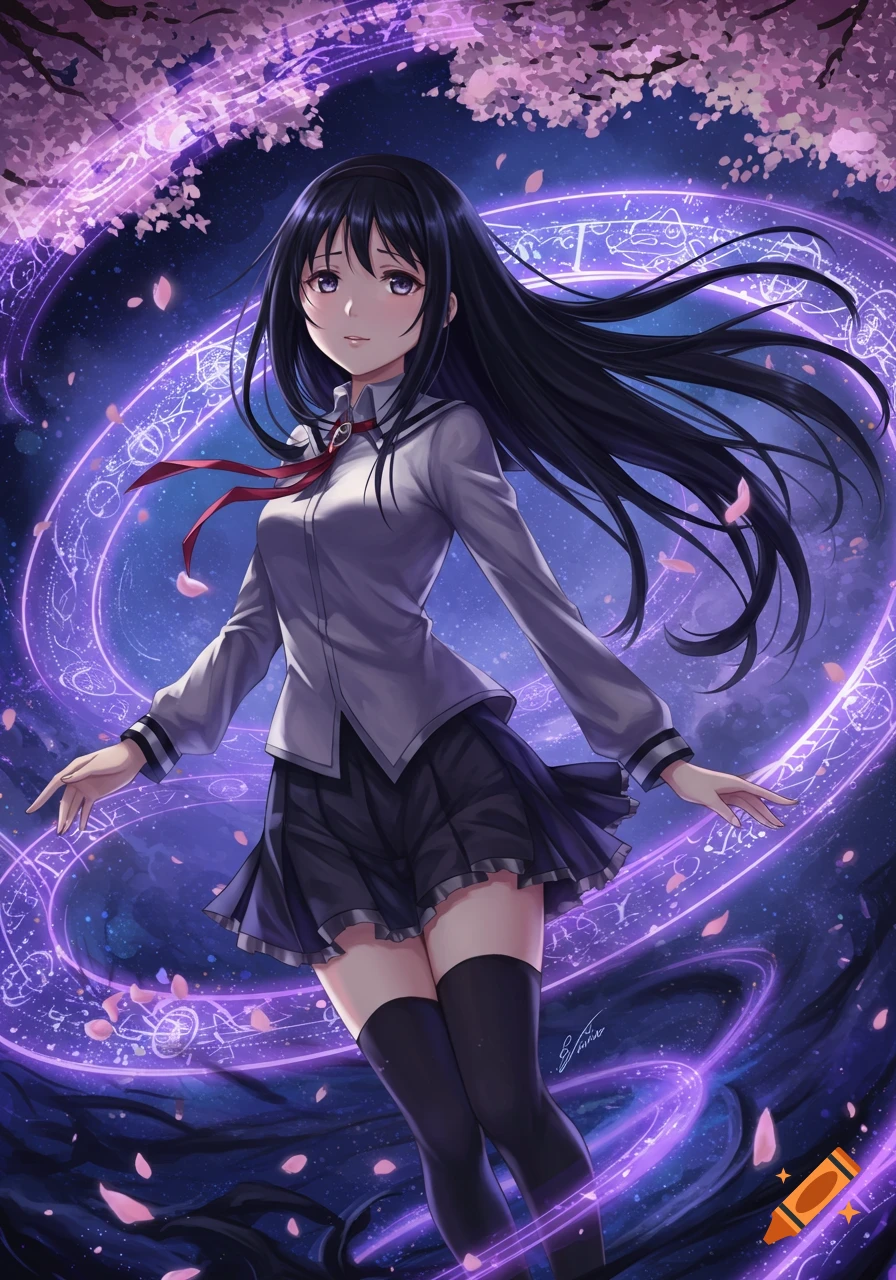 An anime girl with long black hair and a school uniform stands amidst glowing purple magic circles and pink cherry blossoms.