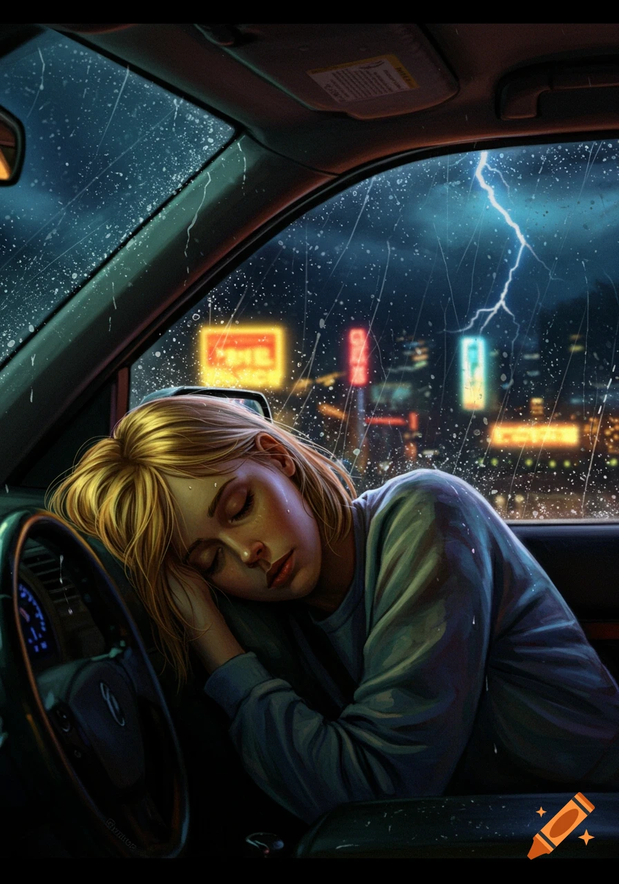 Digital painting of a blonde woman asleep in her car at night during a thunderstorm, with city lights and lightning visible outside.