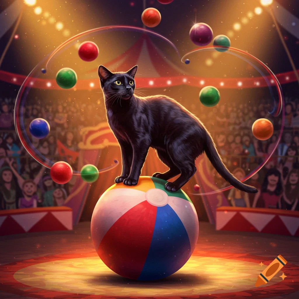 A sleek black cat with yellow eyes balances on a colorful beach ball, juggling bright balls in a vibrant circus tent.
