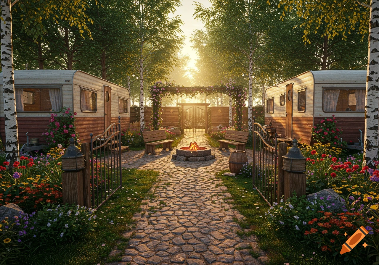 A sunny outdoor living space with two retro caravans, a cobblestone path leading to a fire pit, surrounded by lush trees and vibrant flowers.
