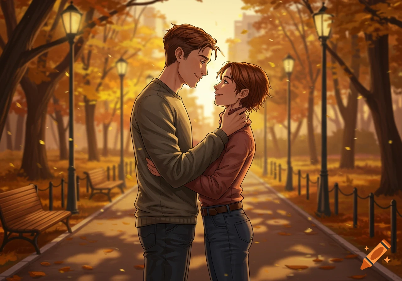 An illustrated couple embraces in an autumn park with golden trees and falling leaves, looking lovingly at each other.