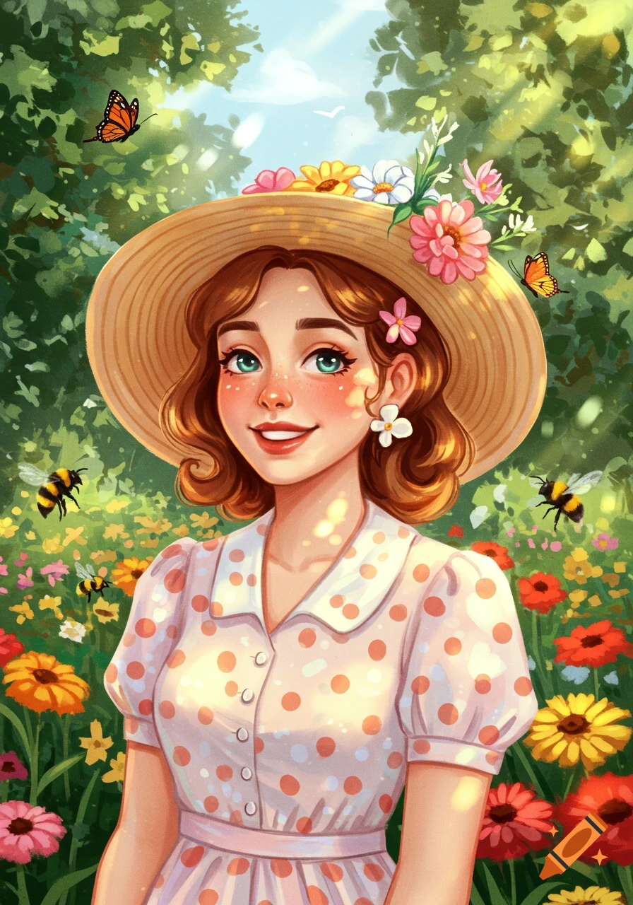 Smiling woman in a straw hat with flowers and a polka-dot dress in a vibrant garden with butterflies and bees, illustration.