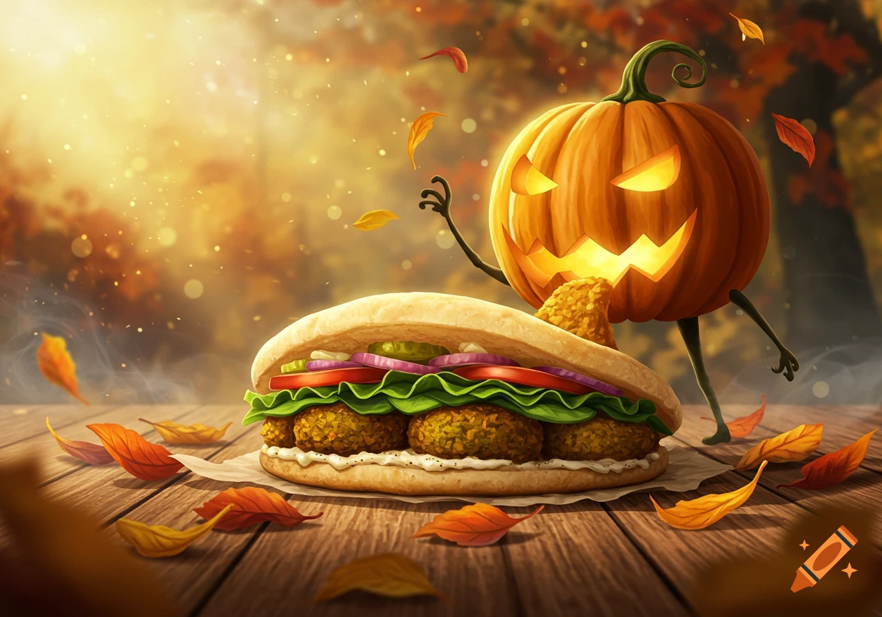An autumn-themed illustration of a falafel sandwich on a wooden table with fall leaves, being bitten by a glowing jack-o'-lantern.