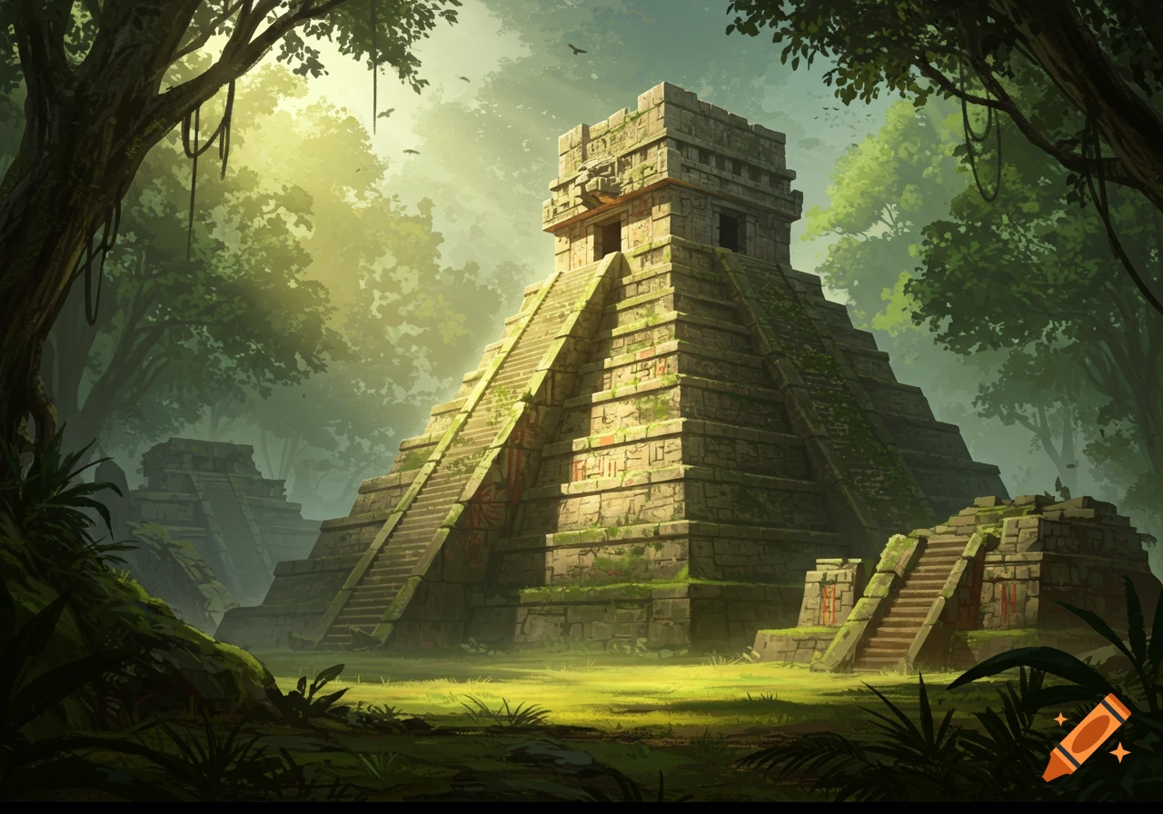 A grand Aztec pyramid rises in a lush, misty jungle, surrounded by ancient ruins bathed in golden light.
