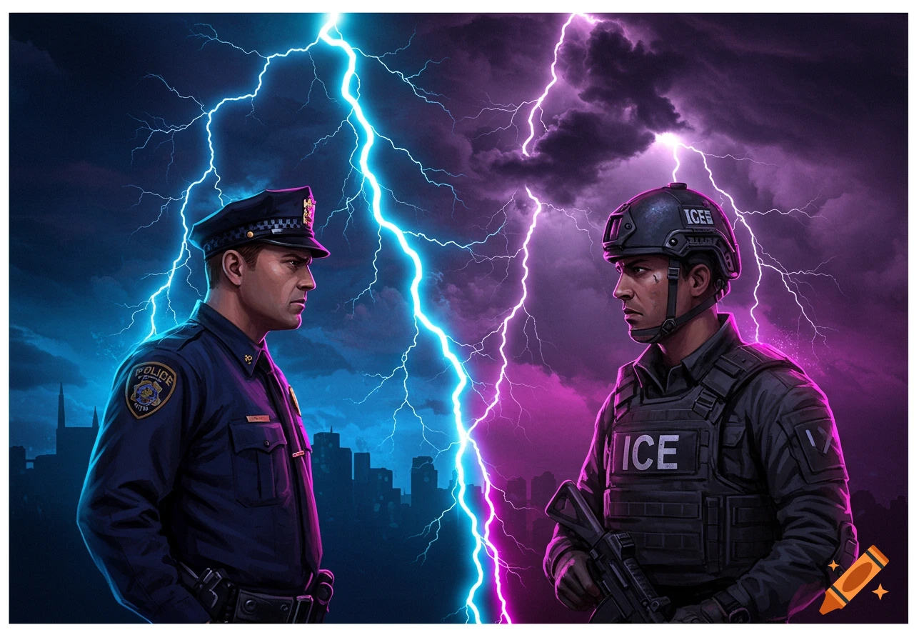A police officer and an ICE agent stand facing each other under a sky filled with blue and pink lightning.
