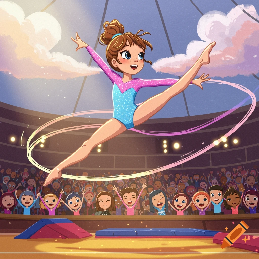 A cartoon gymnast girl in a sparkly leotard performs a leap in a stadium filled with cheering spectators.