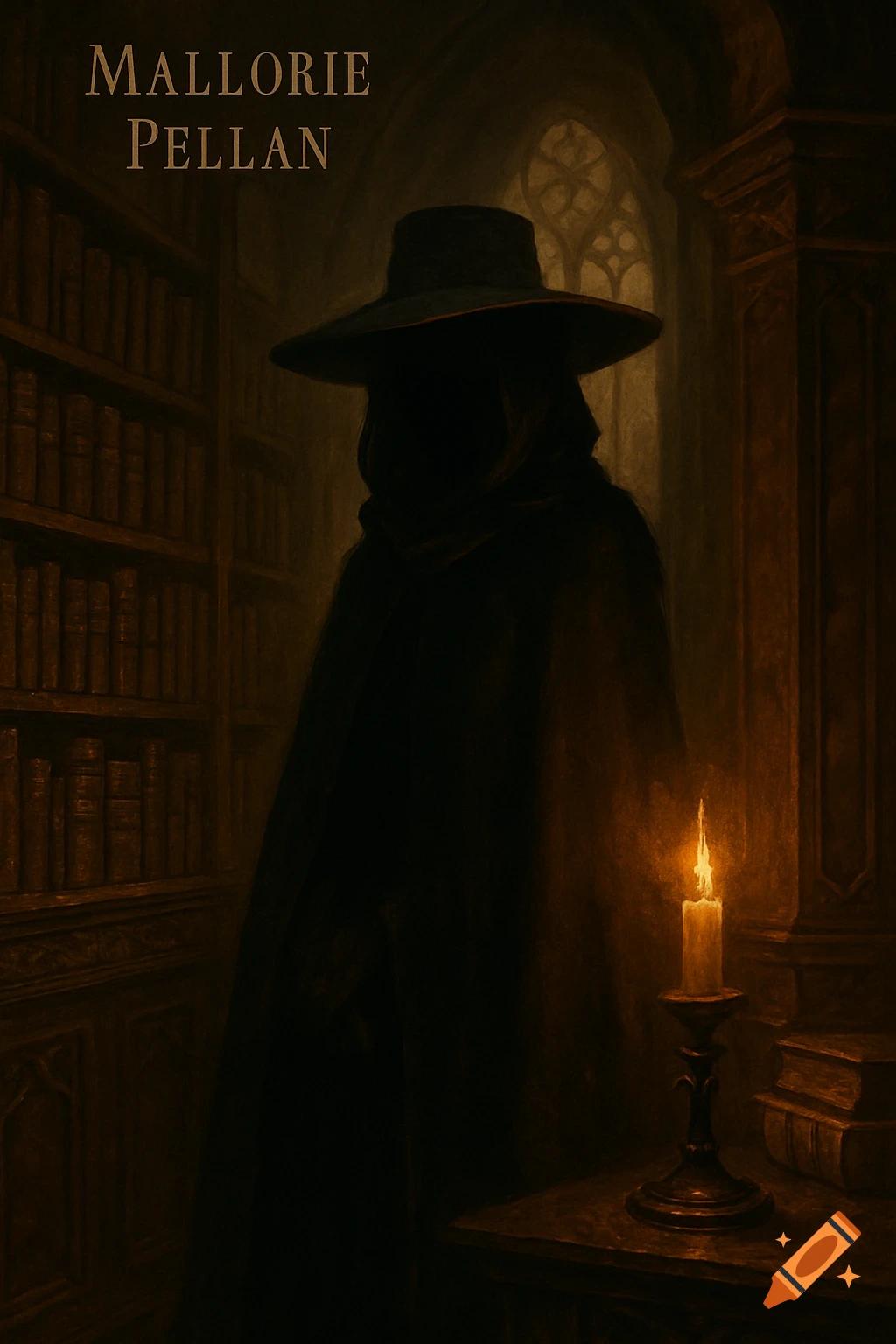 A dark, cloaked figure in a wide-brimmed hat stands in a dimly lit gothic library with a burning candle, labeled Mallorie Pellan.