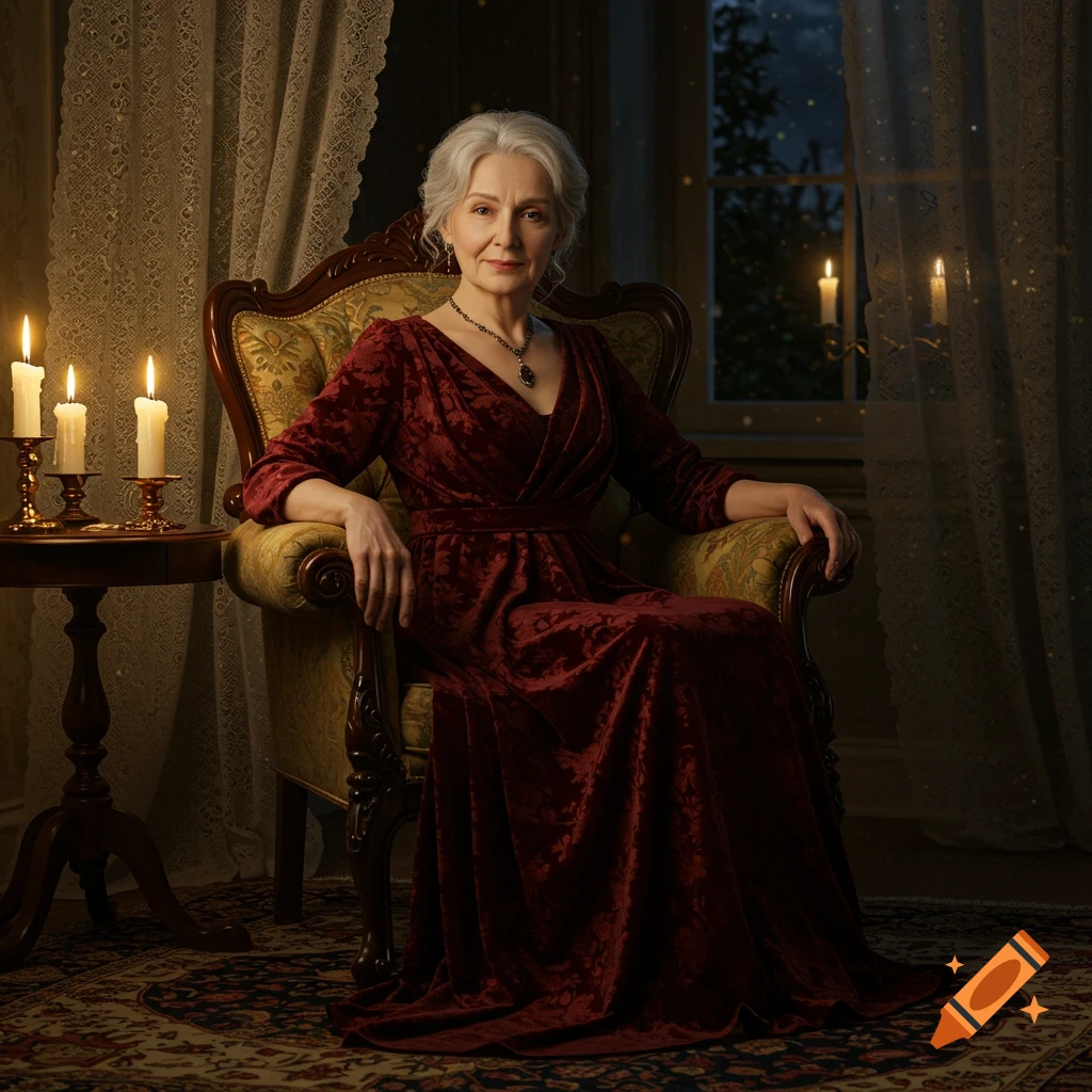 Elderly woman in a red velvet dress sits in an ornate armchair by candlelight, looking at the viewer.