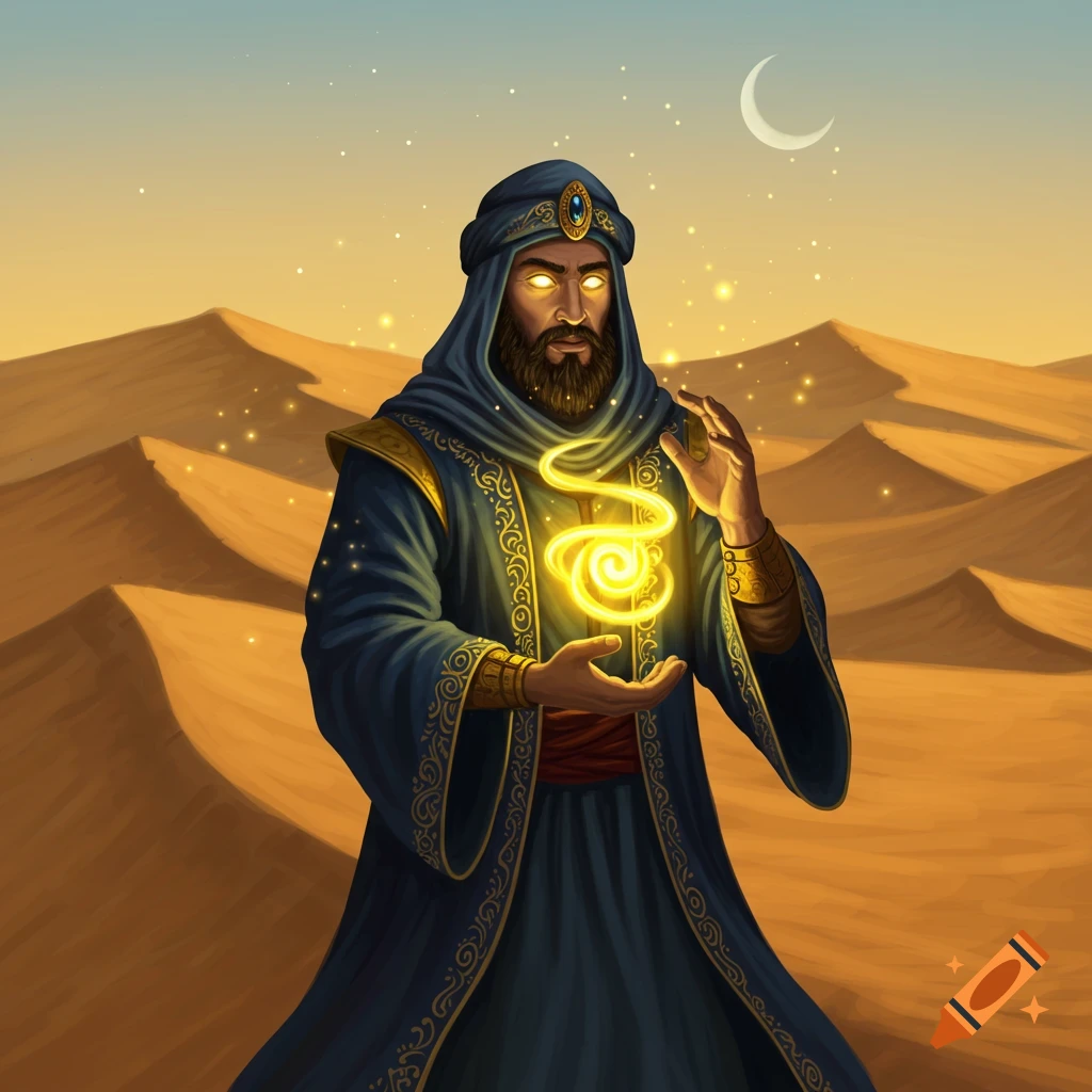 A bearded Arabian wizard with glowing eyes holds a swirling yellow magic light in a desert with dunes and a crescent moon.