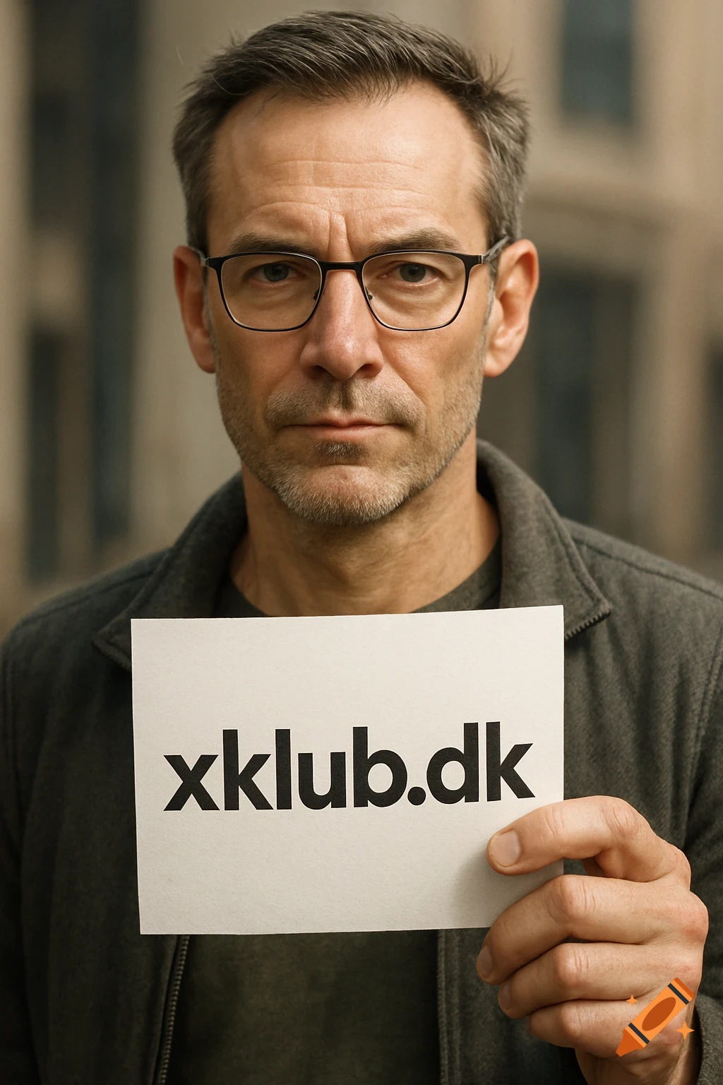 A man with glasses holding a white paper sign that reads 'xklub.dk' in bold black letters.