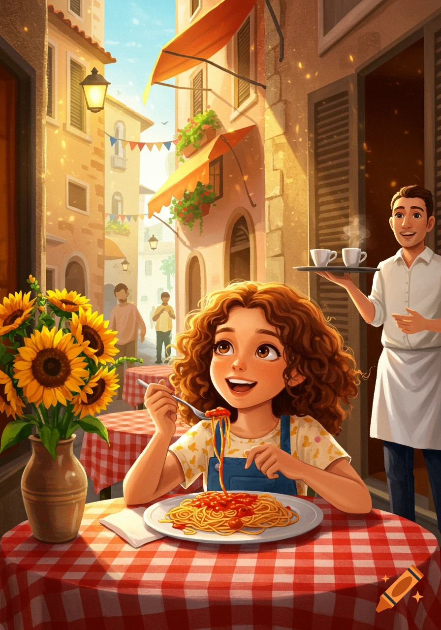 A happy cartoon girl with curly hair eats spaghetti at an outdoor cafe on a sunny European street, with sunflowers on the table and a waiter in the background.
