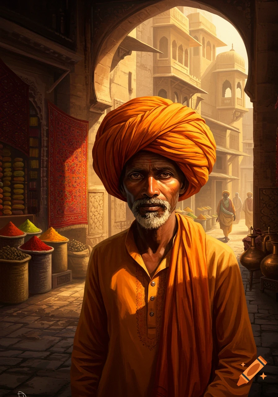 An Indian man wearing an orange turban and tunic stands in a bustling marketplace with spice stalls and historic architecture.