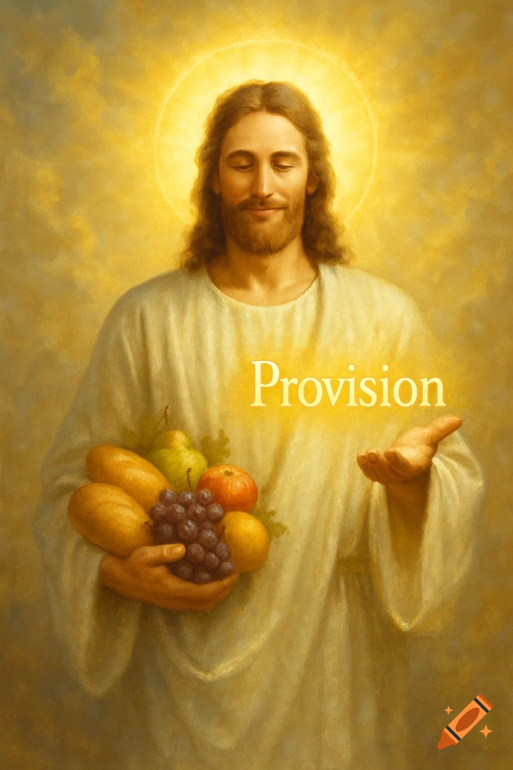 Jesus, with a halo, holds bread and fruit while presenting the glowing word "Provision" from his open hand, against a golden backdrop.