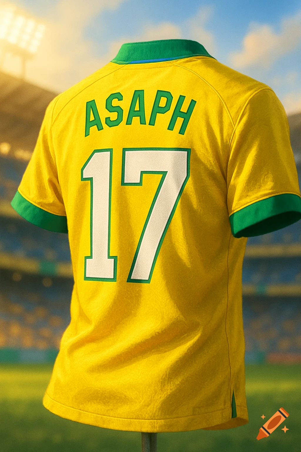 Photorealistic image of the back of a yellow Brazil soccer jersey with 'ASAPH' and '17' on it, set against a blurred stadium background.