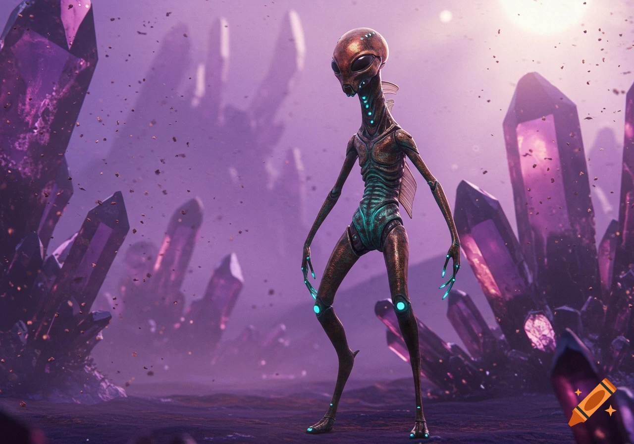A bronze alien with glowing blue accents stands on a purple crystal planet, with dust particles in the air.