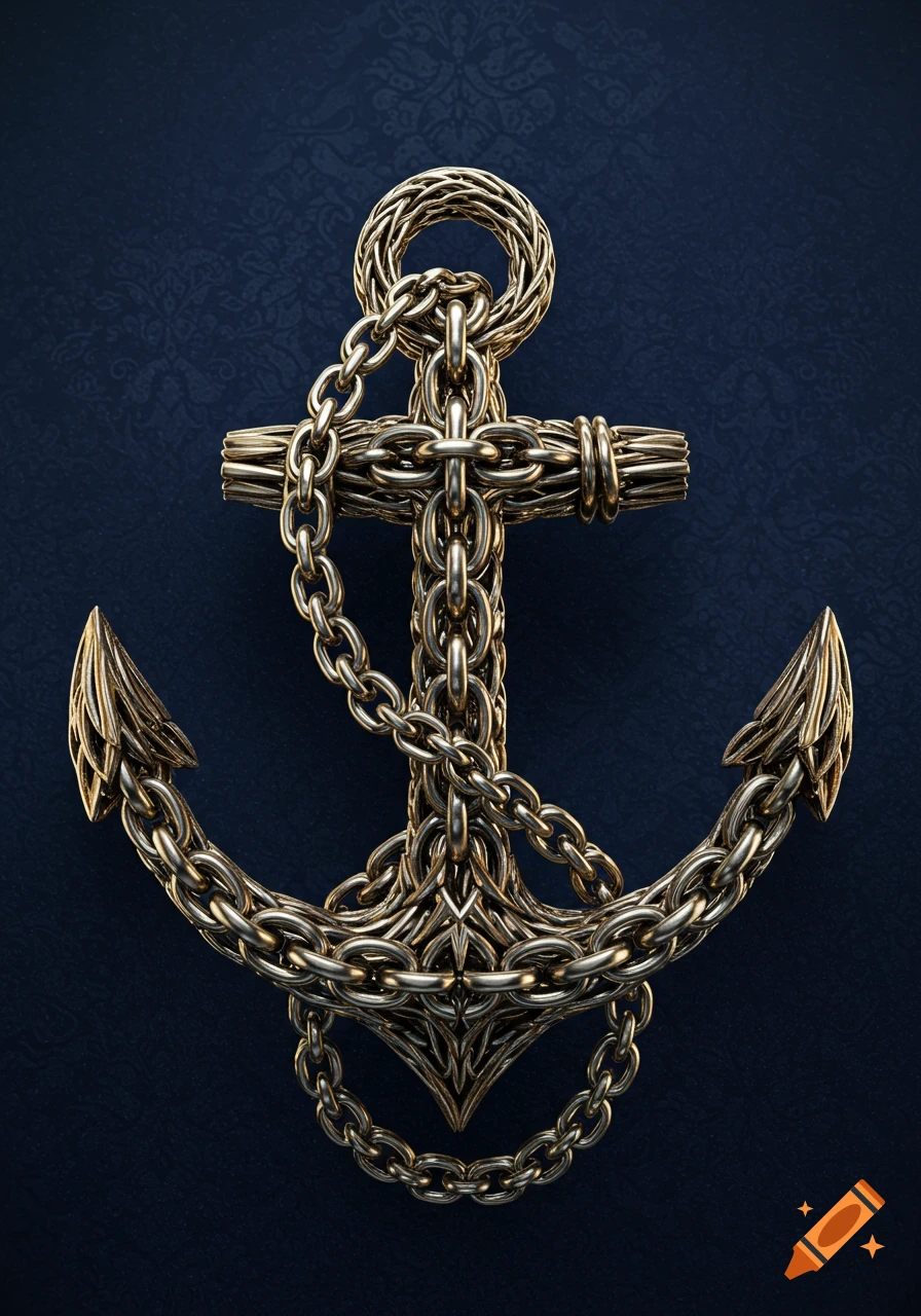 An intricate golden anchor made of woven chains against a dark blue patterned background, in a heraldic style.