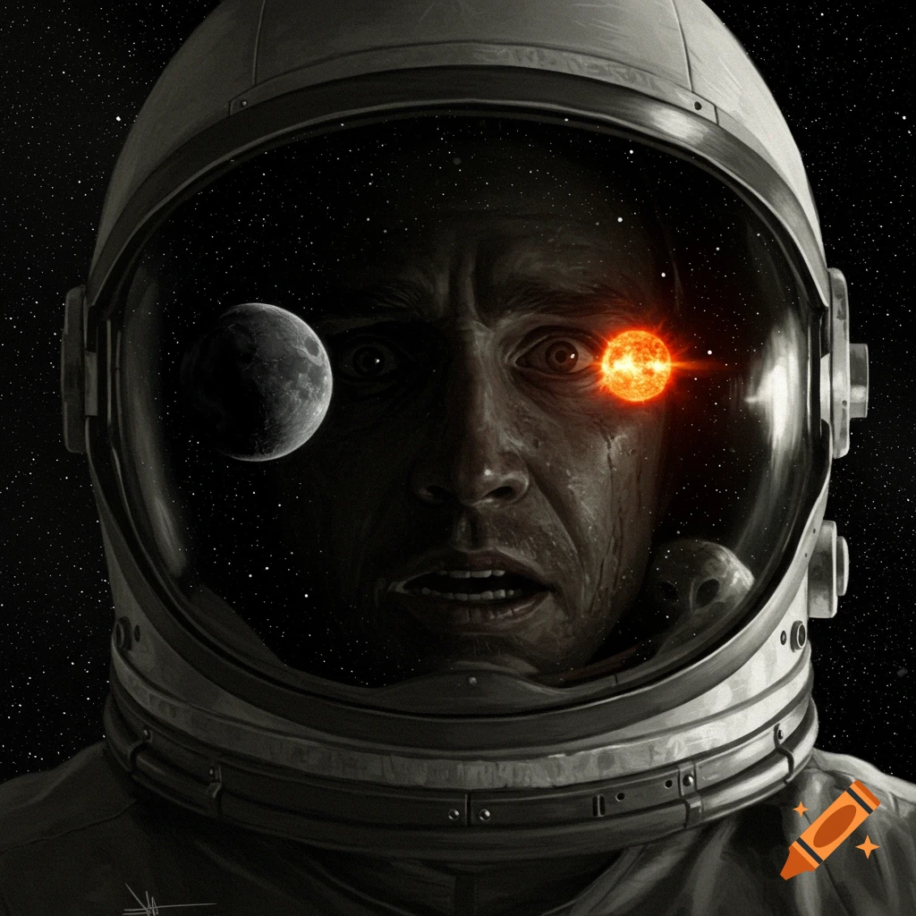 Hyperrealistic drawing of a terrified astronaut with a moon, sun, and subtle alien reflected in their visor, against a starry background.