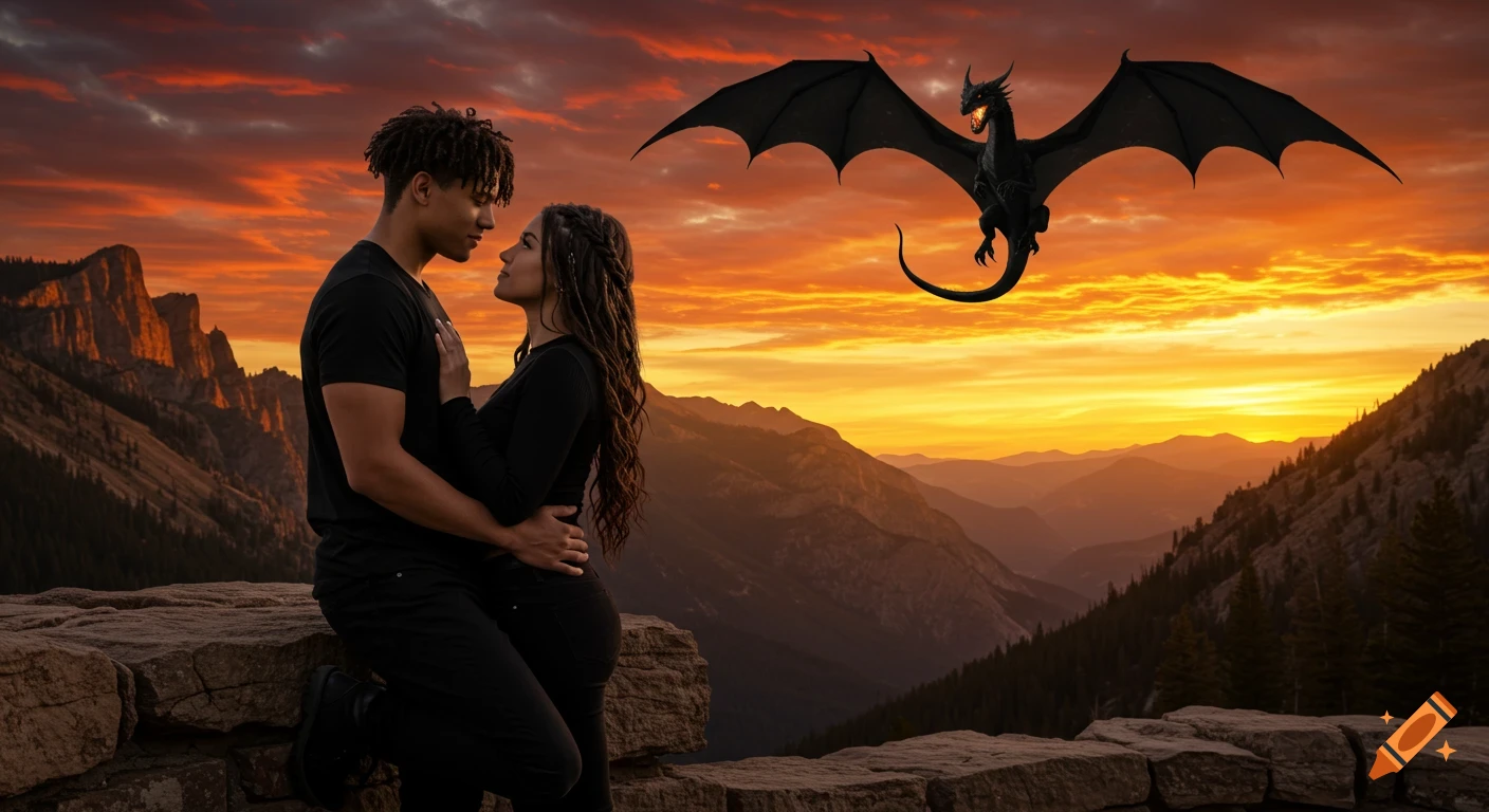 A couple embraces on a rocky outcrop, watching a black dragon fly overhead against a dramatic orange and red sunset over mountains.