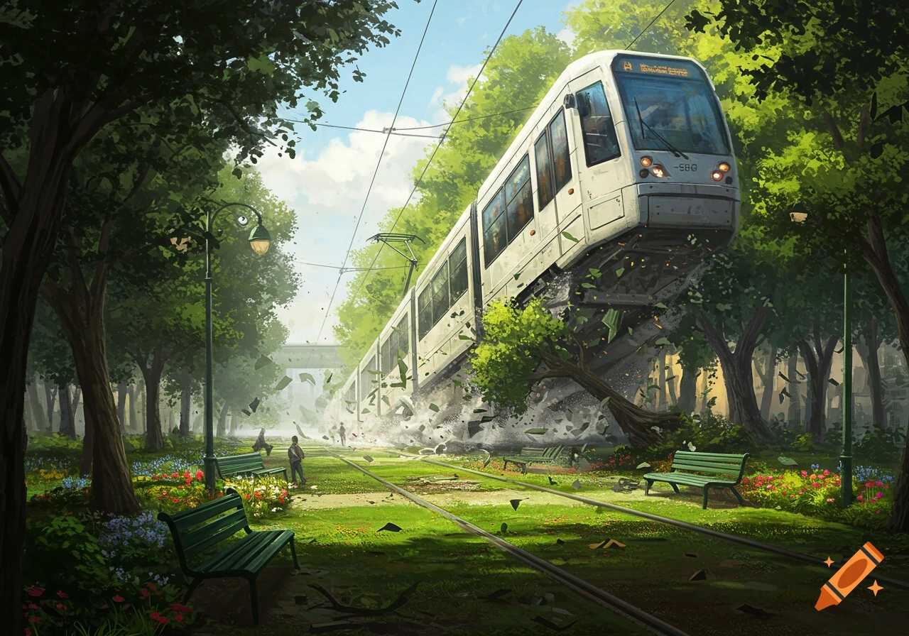 A massive white tram tears through a lush green urban park, destroying trees and benches. The scene is rendered in a vibrant, illustrative style.