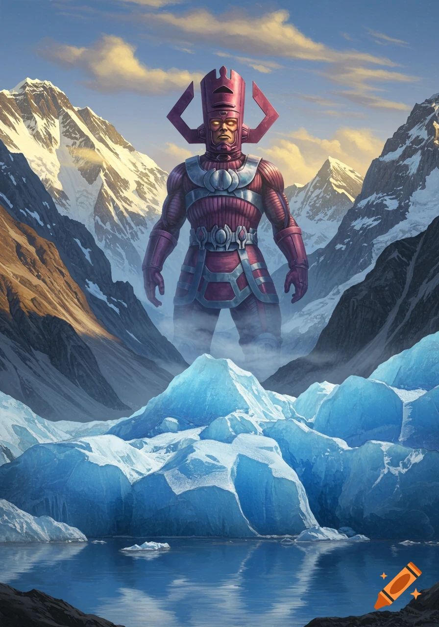 A giant purple Galactus stands in a dramatic icy mountain landscape with reflective water.