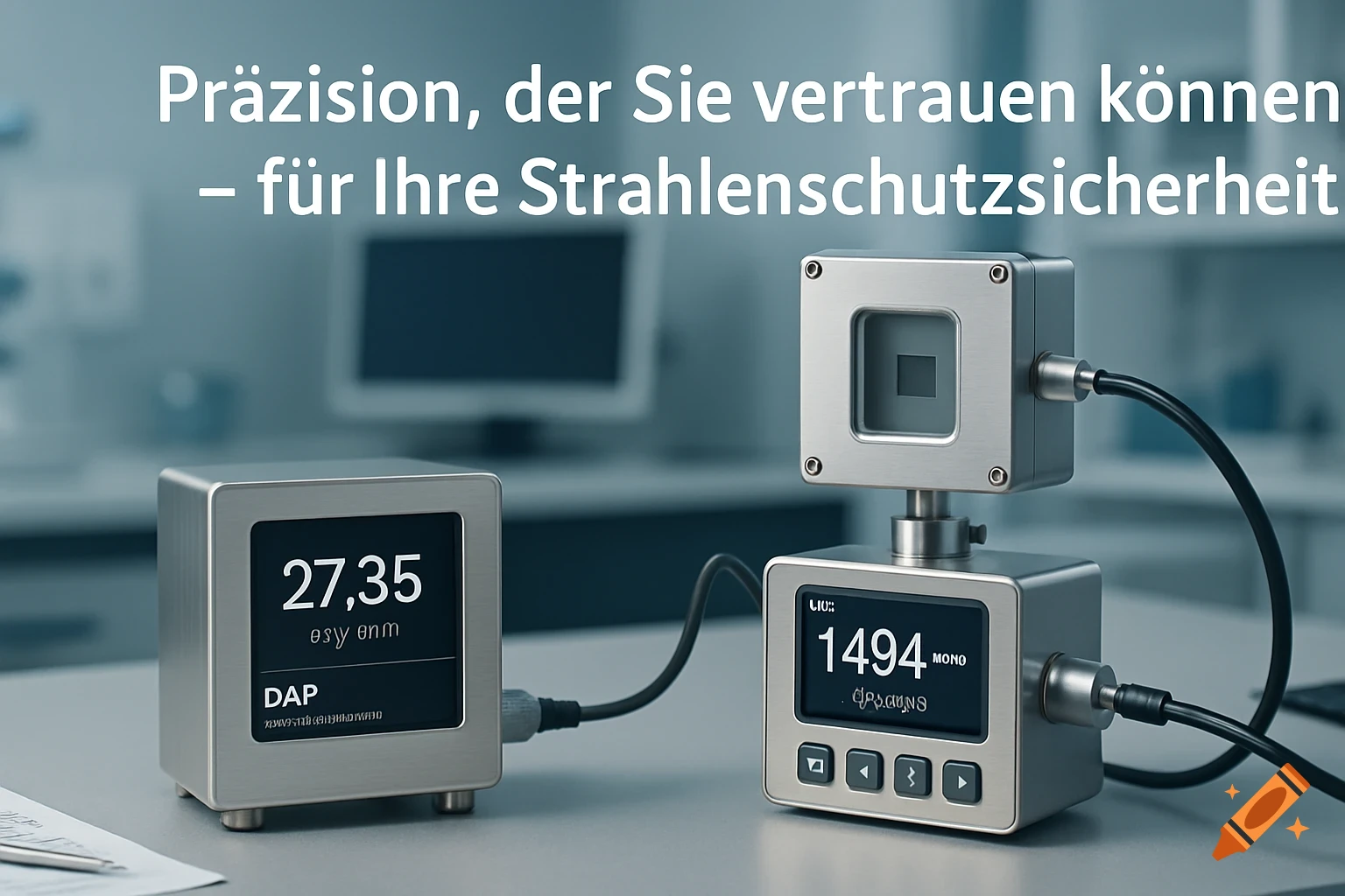 Two metallic square scientific measurement devices with digital displays, connected by a cable, on a grey desk with German text overlay.