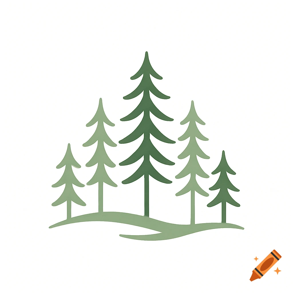 Minimalist illustration of green pine trees on a subtle green hill against a white background.
