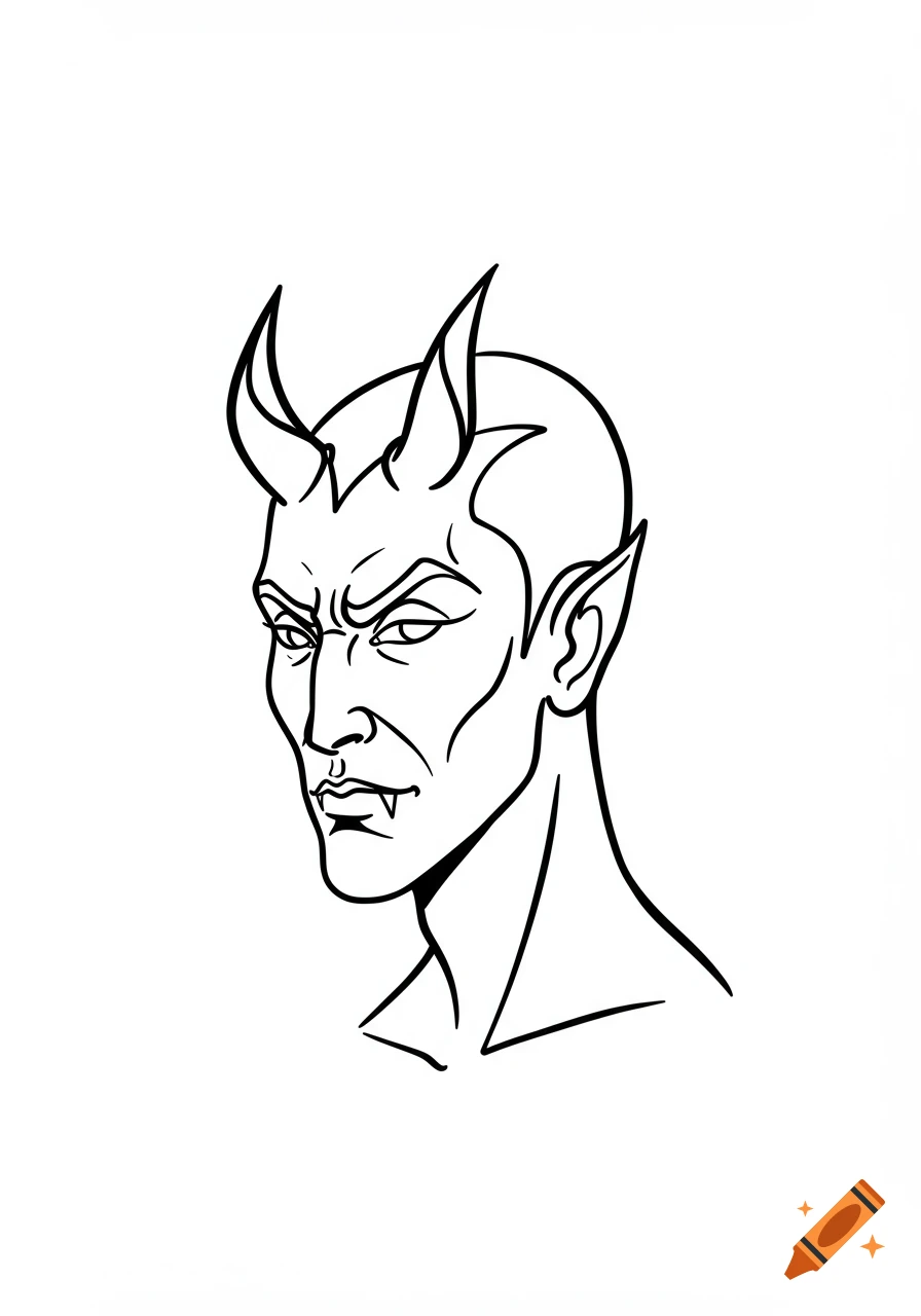 Simple line art drawing of a devil's head and shoulders, featuring horns, pointed ears, and fangs, looking to the left.