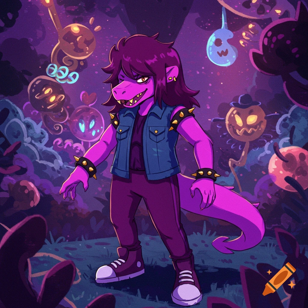 A purple dinosaur-like character with spiky hair, a denim vest, and studded bracelets stands in a glowing, purple fantasy forest.