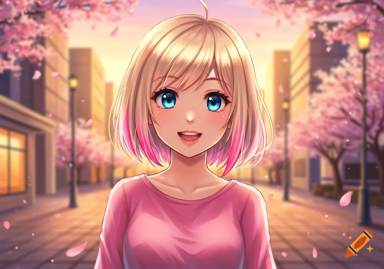 Smiling anime girl with short blonde hair and pink highlights, wearing a pink sweater, on a cherry blossom street.