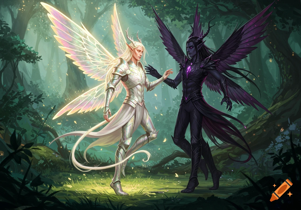 A light fae with iridescent wings and white armor touching hands with a dark fae with black wings and dark armor in a magical forest.