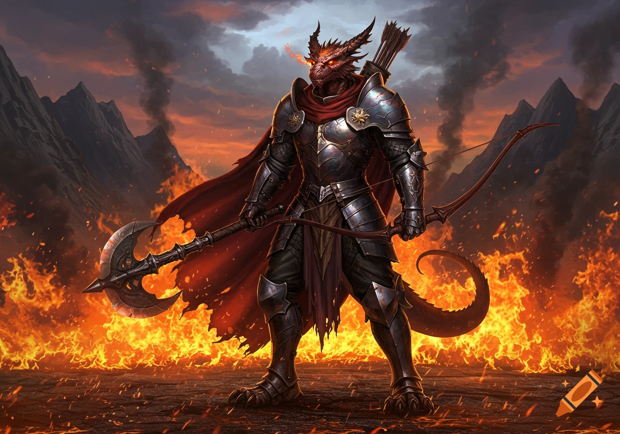 A heavily armored red dragonborn knight with glowing eyes holds an axe and a bow, standing amidst fiery landscapes and mountains under a smoky sky in a fantasy art style.