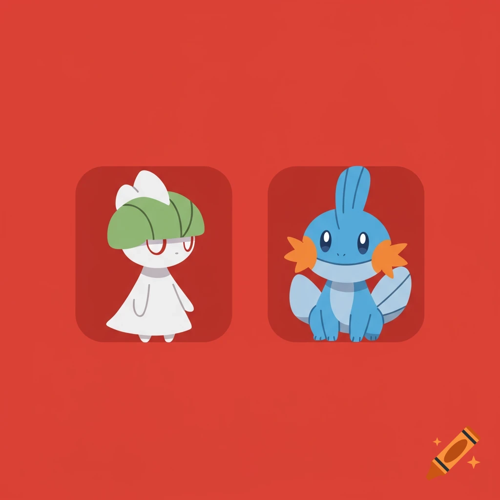 A flat, minimalist icon illustration of Ralts and Mudkip Pokémon characters on a red background.