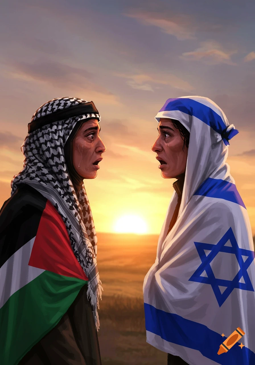 Digital painting of two people, one in Palestinian, one in Israeli flag, looking at each other shocked and crying at sunset.