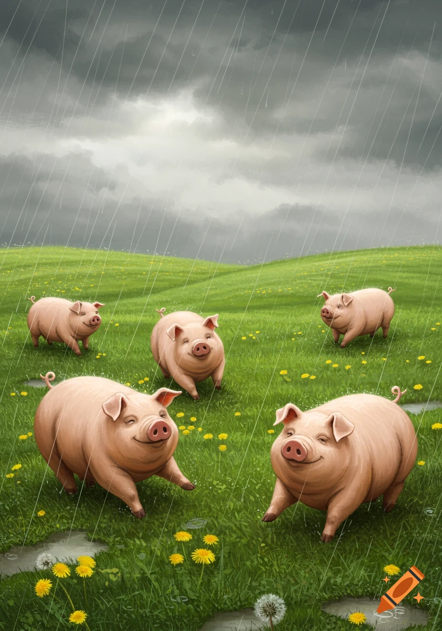 Five smiling, pink cartoon pigs stand in a green, grassy field with dandelions and puddles under a dark, rainy sky.