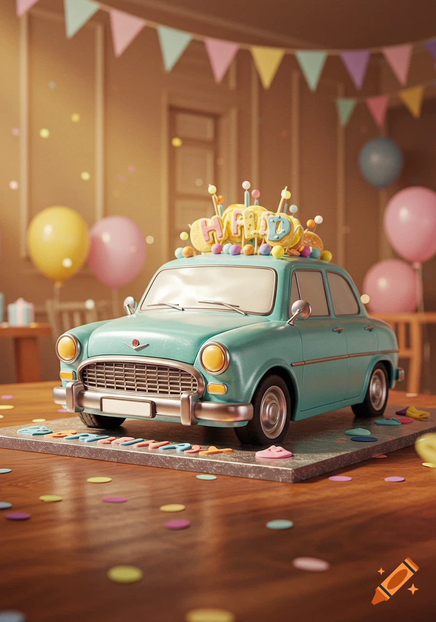 A teal vintage car-shaped birthday cake with festive decorations and balloons in the background, in a whimsical, photorealistic style.