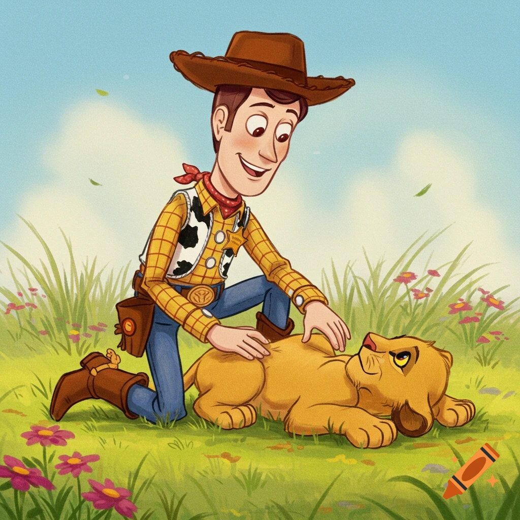 Sheriff Woody from Toy Story kneels in a grassy field, tickling the tummy of a smiling young Simba from The Lion King in a 2D drawing.