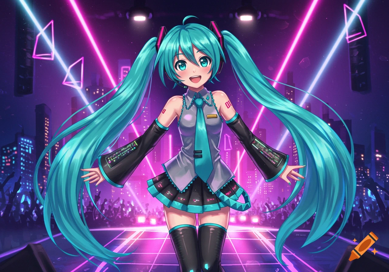 An anime girl with long turquoise pigtails, Hatsune Miku, on a stage with neon pink and purple lights in a cityscape background.
