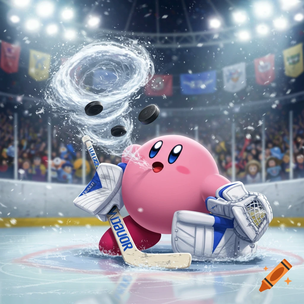 Kirby, as a pink hockey goalie, inhales flying pucks with a water vortex in an ice rink.