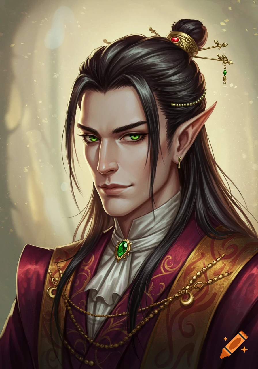 Portrait of a handsome, pale-skinned fae lord with long dark hair, green eyes, and ornate red and gold fantasy attire.