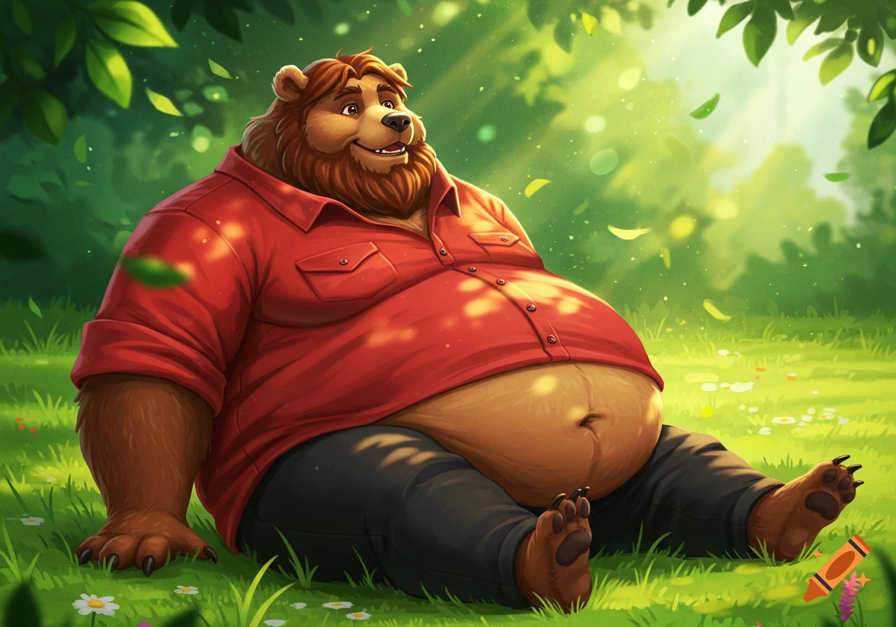 A smiling, obese anthropomorphic bear in a red shirt and black pants sits on a grassy meadow with sunlight filtering through leaves, cartoon style.