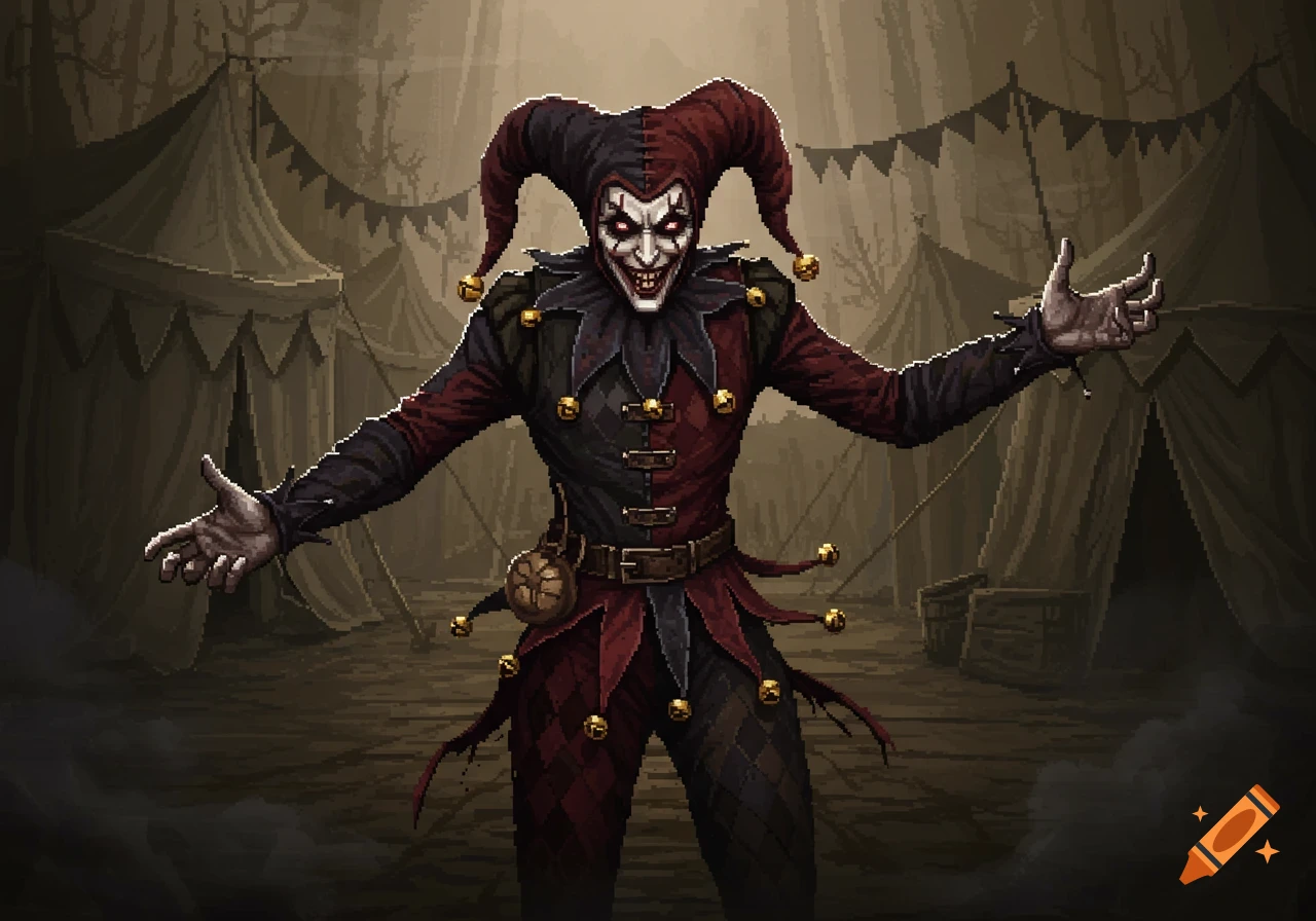 Pixel art of a creepy jester with red eyes and a wide grin, standing in a dark circus tent background.