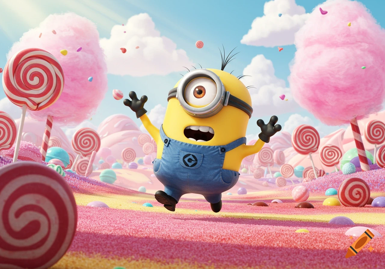 A cheerful Minion jumps through a vibrant fantasy candy land with lollipops and cotton candy trees, in a 3D animation style.