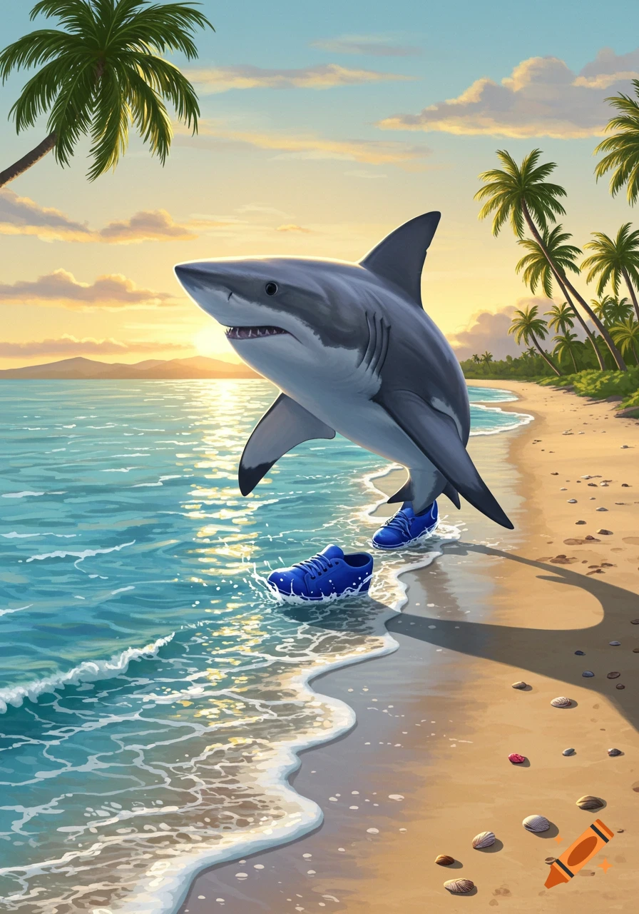 A stylized shark wearing blue shoes walks out of the ocean onto a sandy beach with palm trees at sunset.